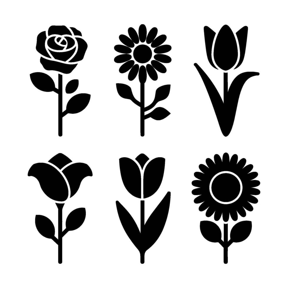 Set of six flower silhouette icons in flat, doodle style for creative design projects vector
