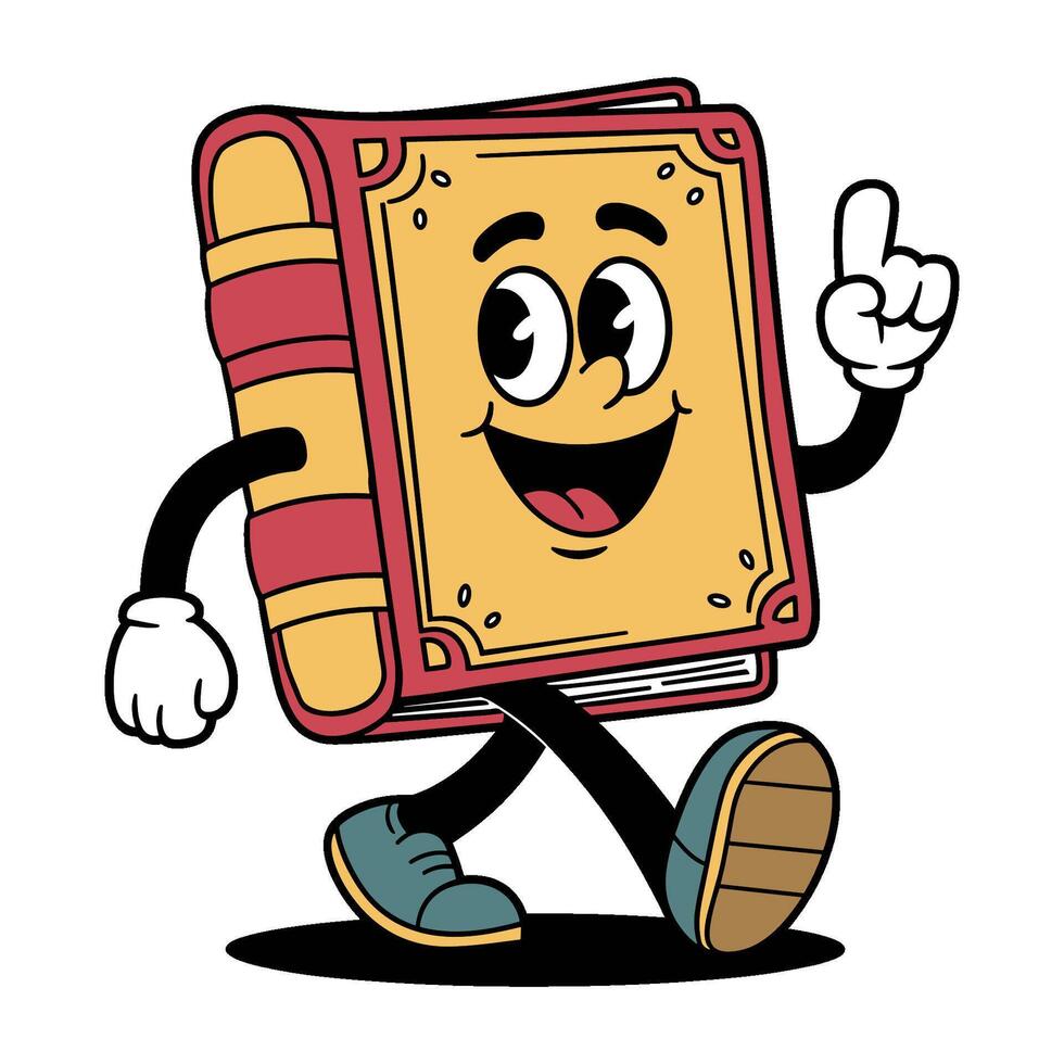 illustration of a cheerful anthropomorphic book character in a retro cartoon style vector
