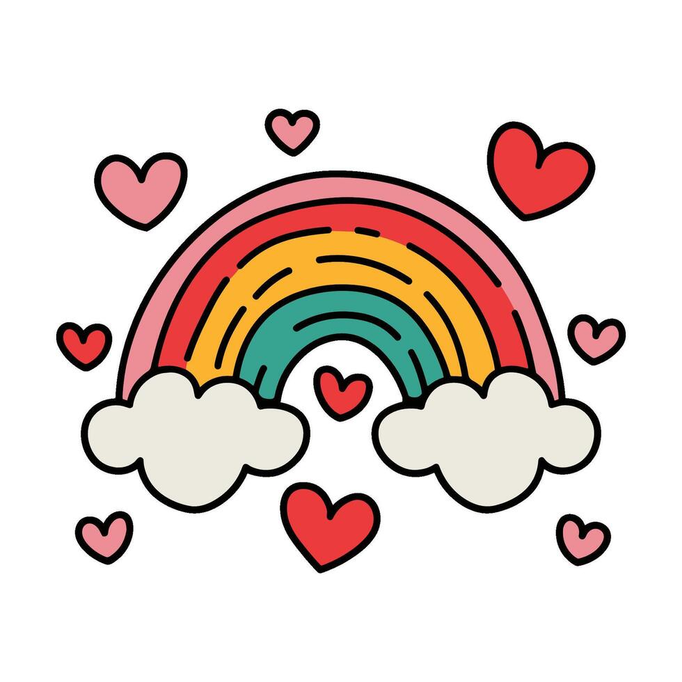 doodle rainbow with hearts surrounding it. The rainbow is colorful and the hearts are red vector