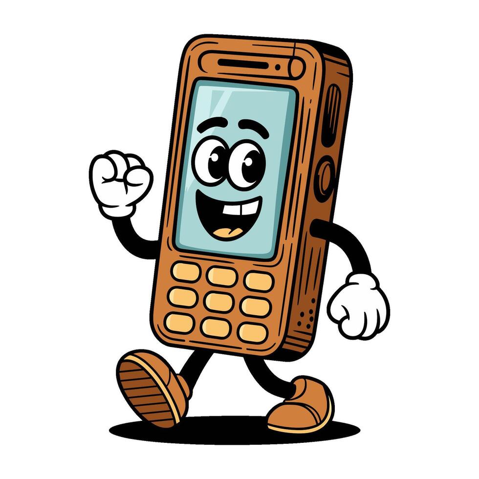 Retro cartoon character walking cheerfully, showcasing a playful design vintage mobile phone vector