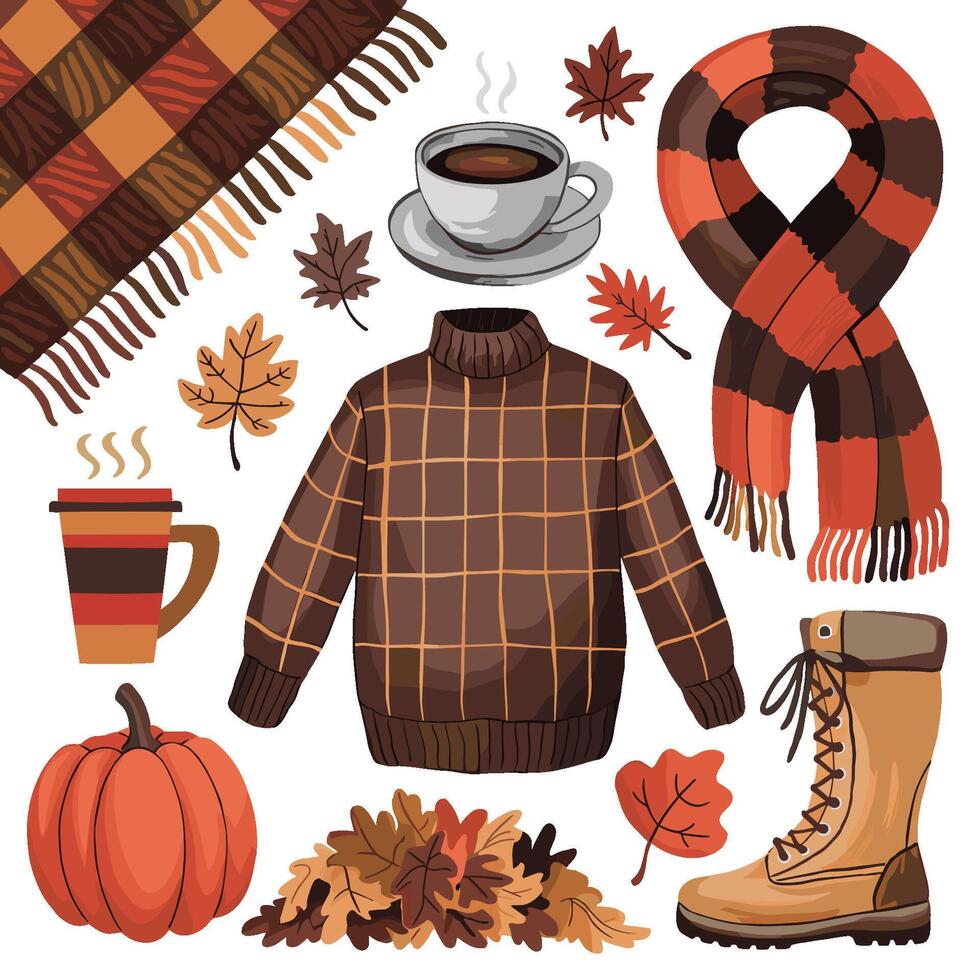 collection of fall items including a pumpkin, a scarf, a sweater, a cup, and leaves vector