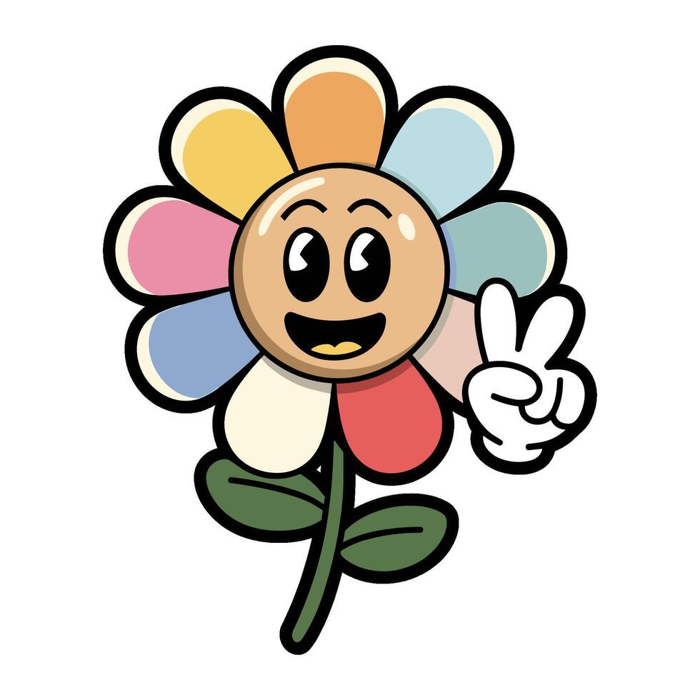A cartoon flower with a smiling face and a peace sign on its head vector