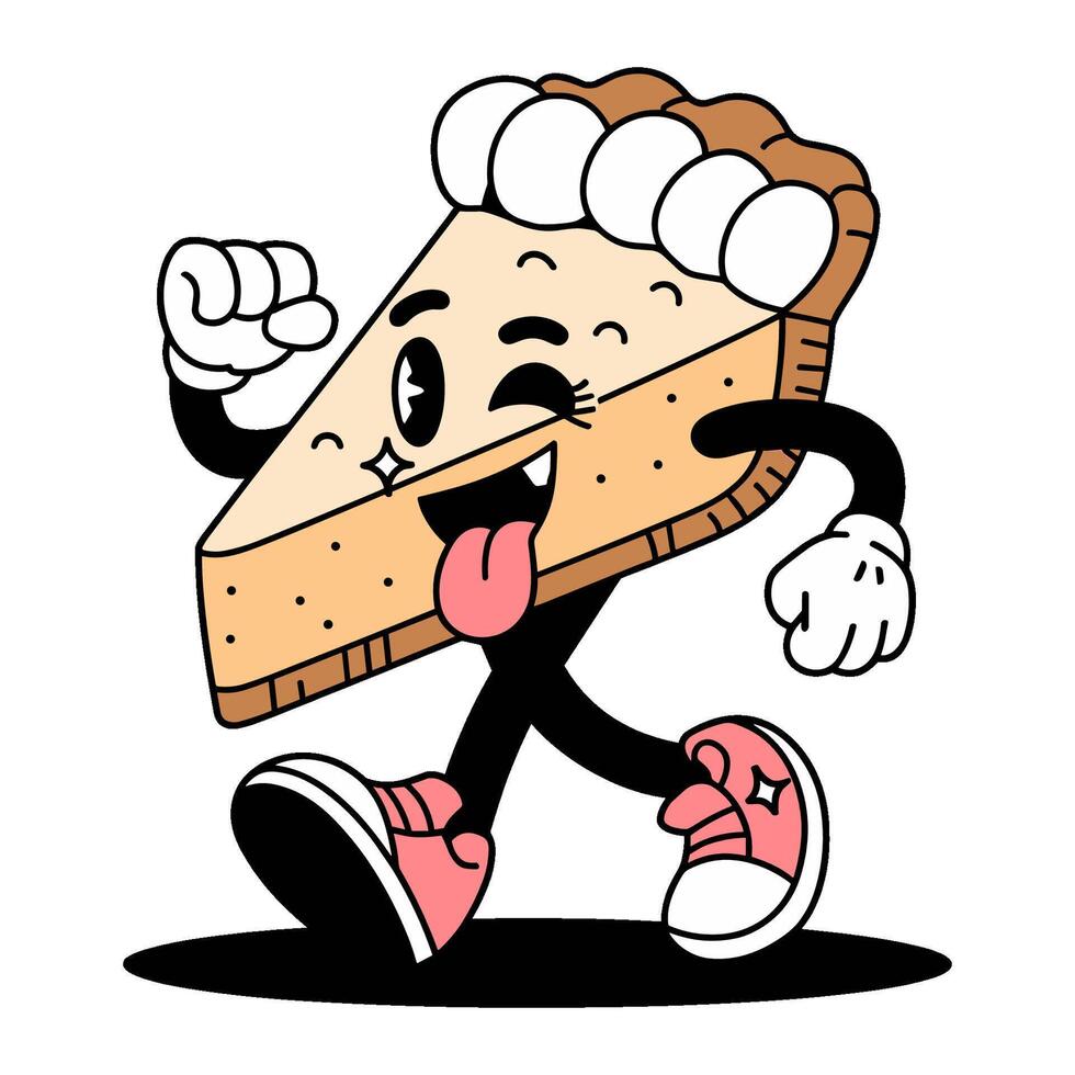 Cartoon retro character walking piece of pie with hands. He smiles and sticks out his tongue vector