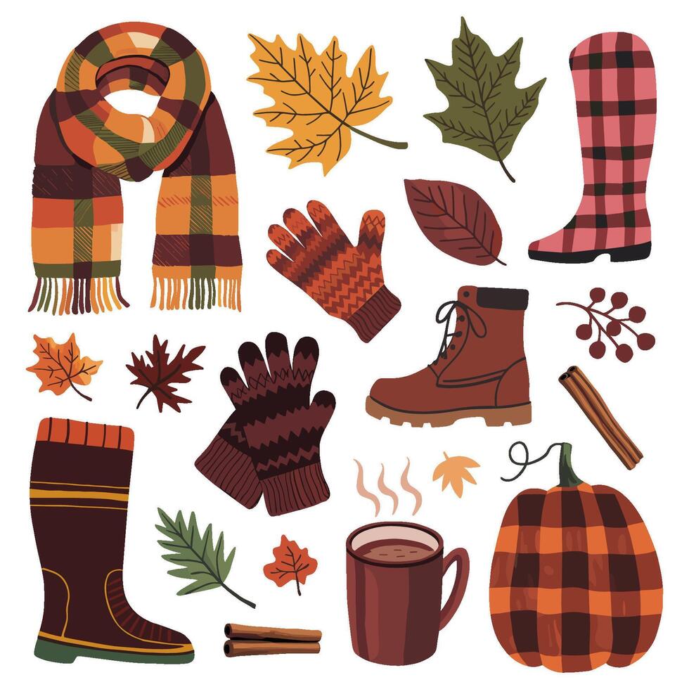 A collection of fall items including a scarf, gloves, boots, and a pumpkin vector