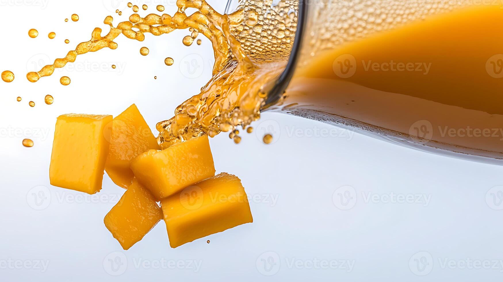 A refreshing pour of orange juice cascading over vibrant mango cubes on a clean background photo