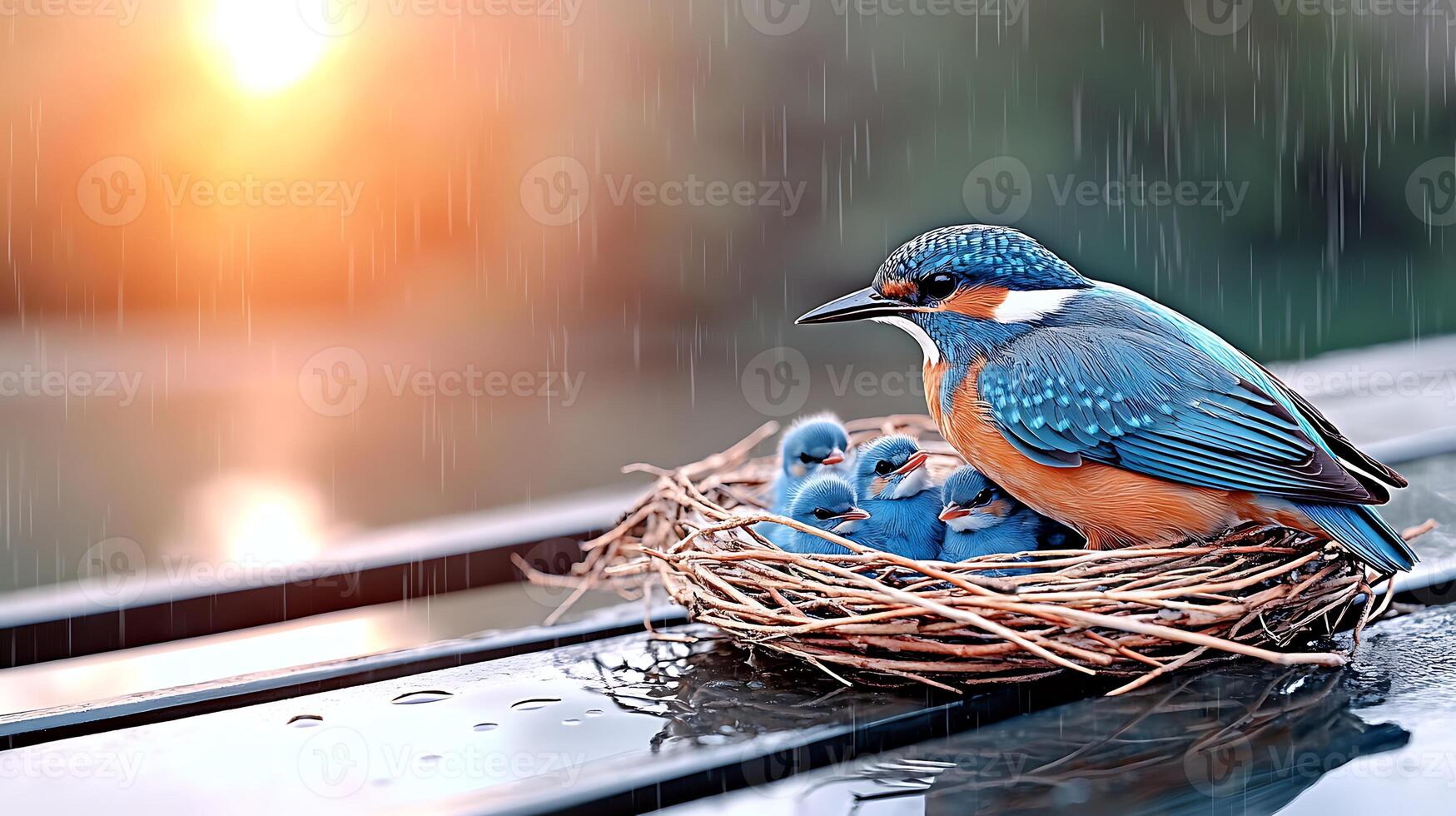 A serene scene of a kingfisher bird sitting protectively over its chicks in a nest during rain at sunset photo