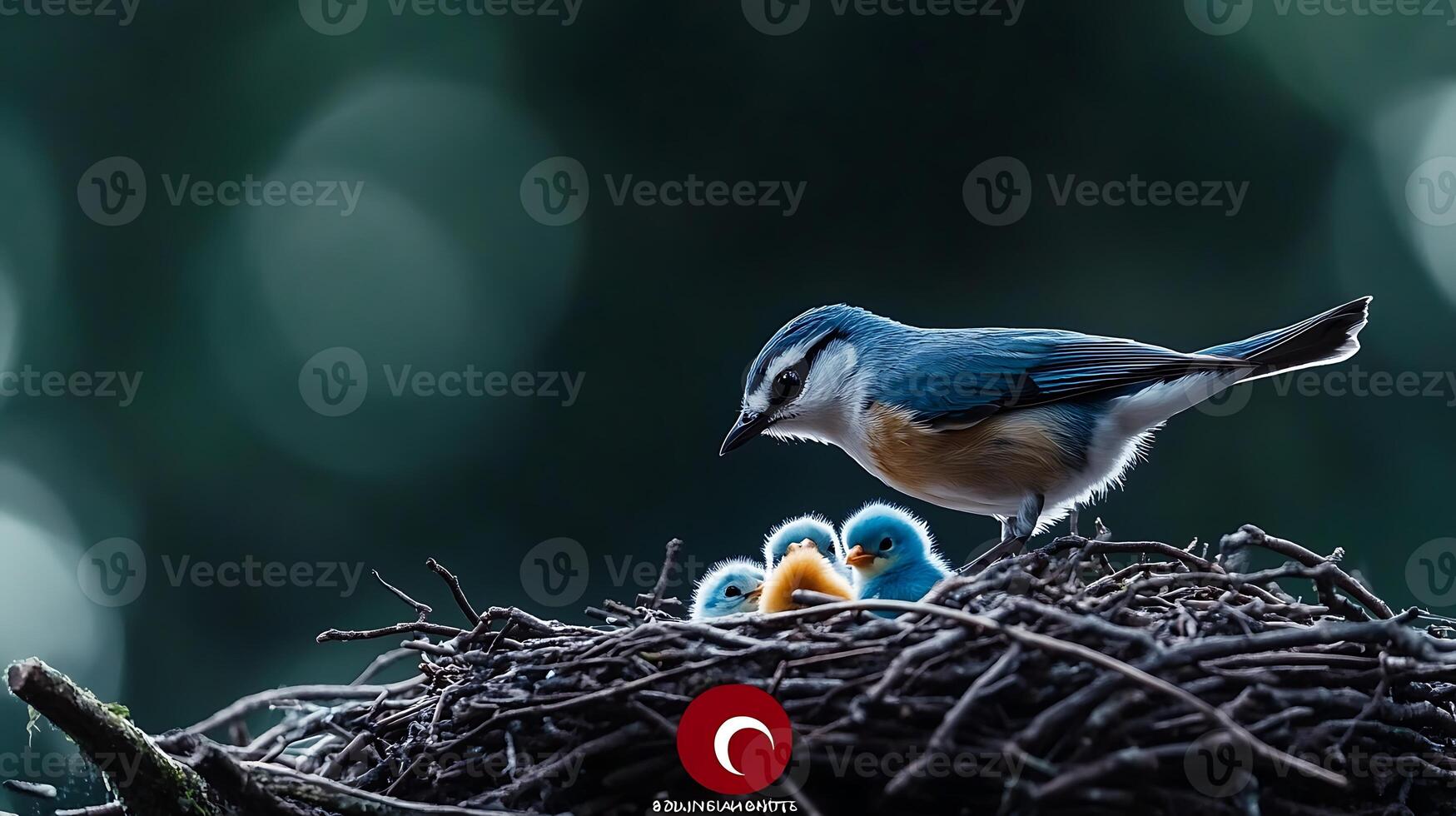 A nurturing bird feeding its vibrant chicks in a cozy nest amidst a serene forest backdrop photo