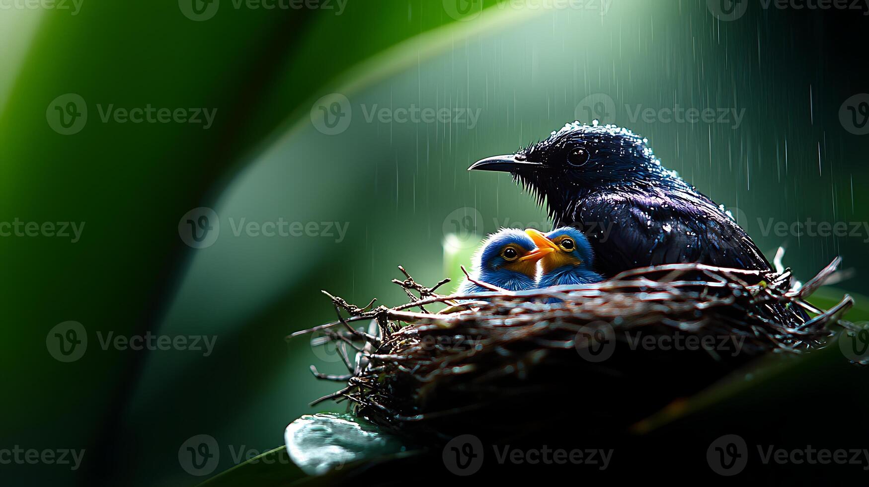 A mother bird shelters her two chicks in a cozy nest during a gentle rain in a lush forest photo