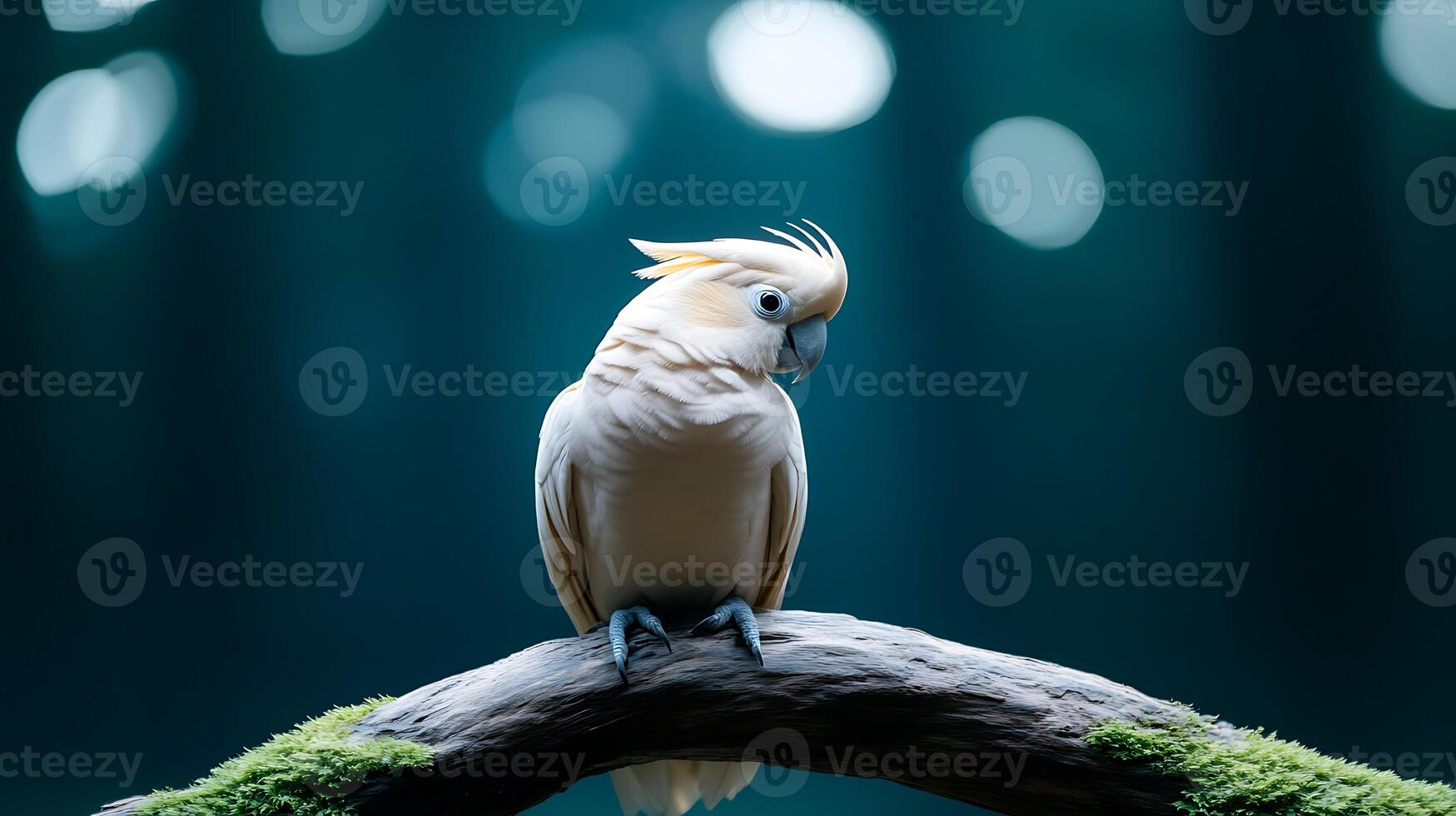 A serene cockatoo perched on a moss-covered branch in a tranquil forest with soft bokeh lights photo