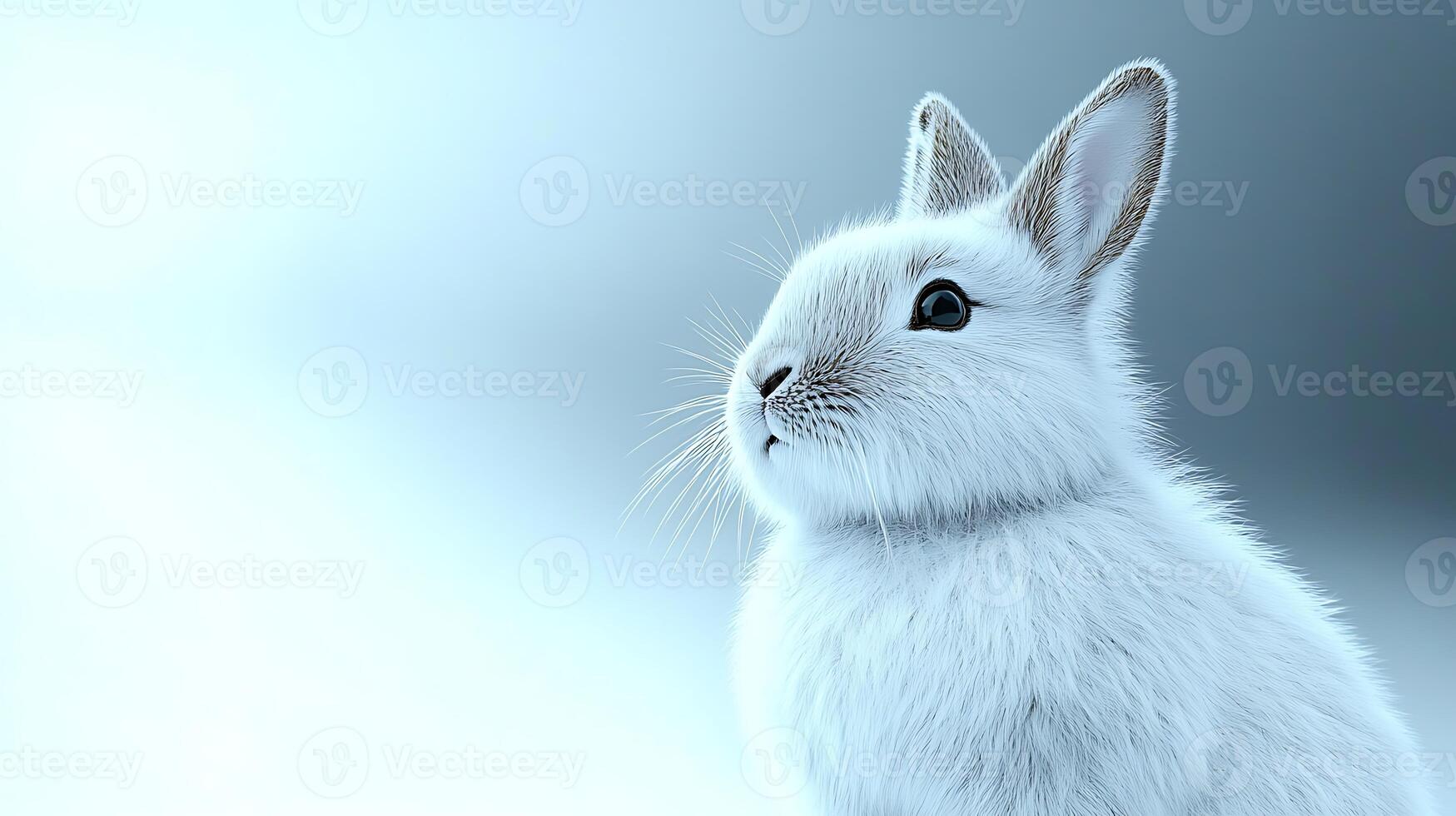 A serene white rabbit gazing thoughtfully in a soft, ethereal blue background, evoking tranquility photo