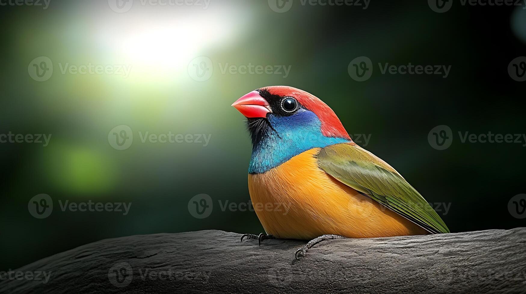 A vibrant bird perched on a branch, showcasing its colorful plumage in a serene forest setting photo