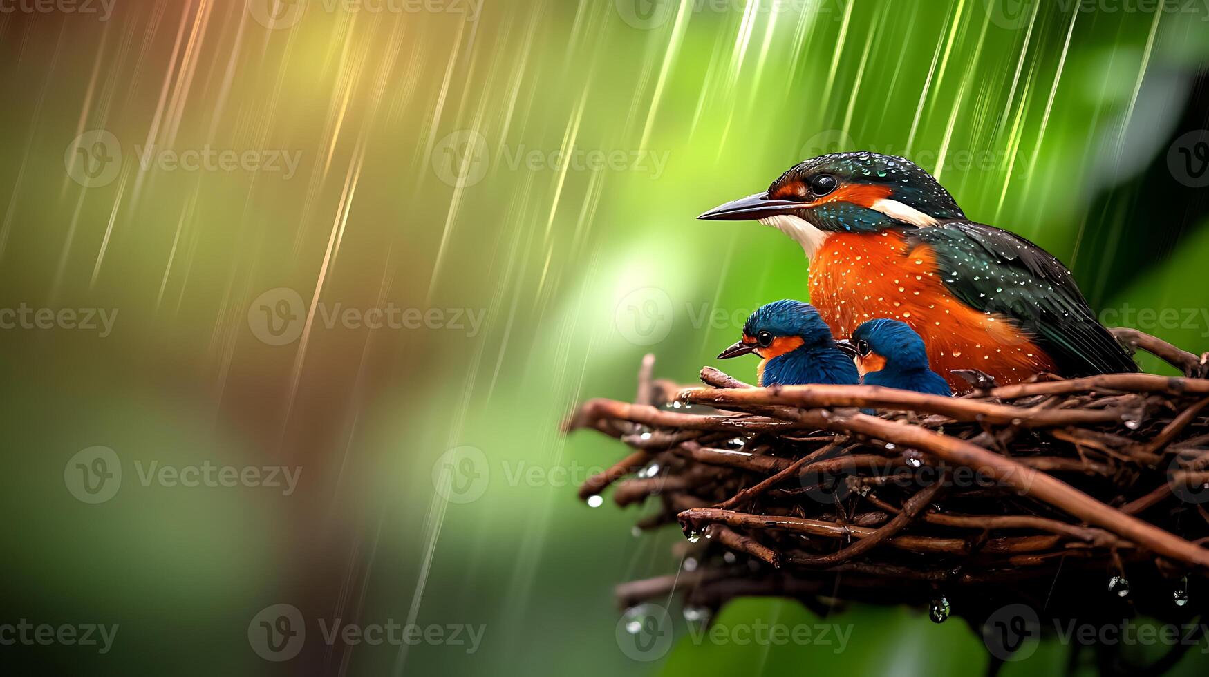 A vibrant bird nurturing its chicks in a rain-soaked nest surrounded by lush greenery photo