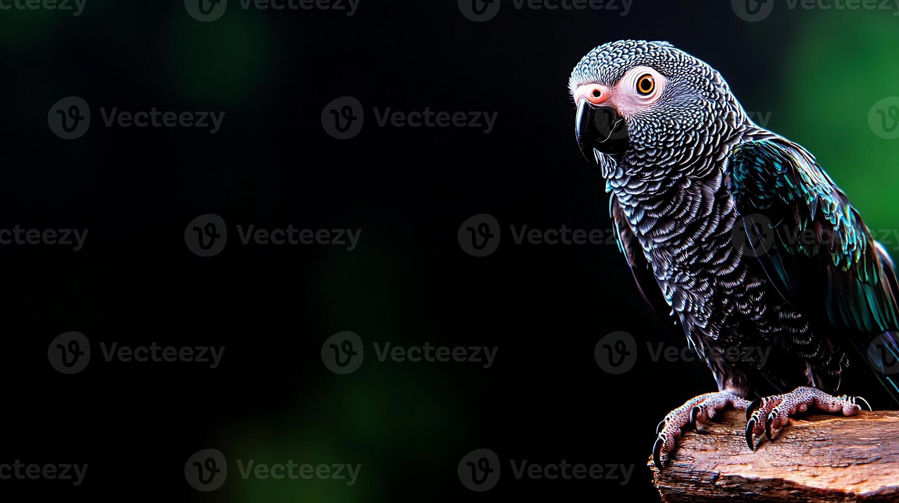 A striking grey parrot perched on a branch, surrounded by a softly blurred green background photo