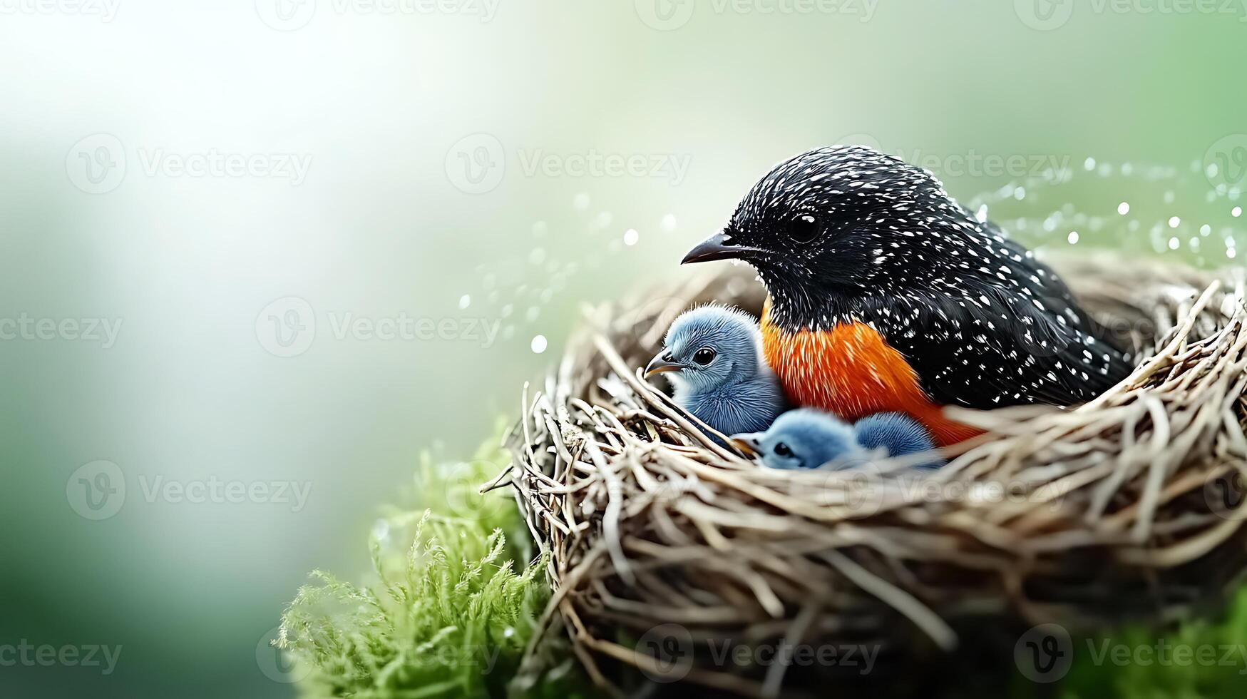 A vibrant bird caring for its two blue chicks in a lush green nest, surrounded by soft natural light photo