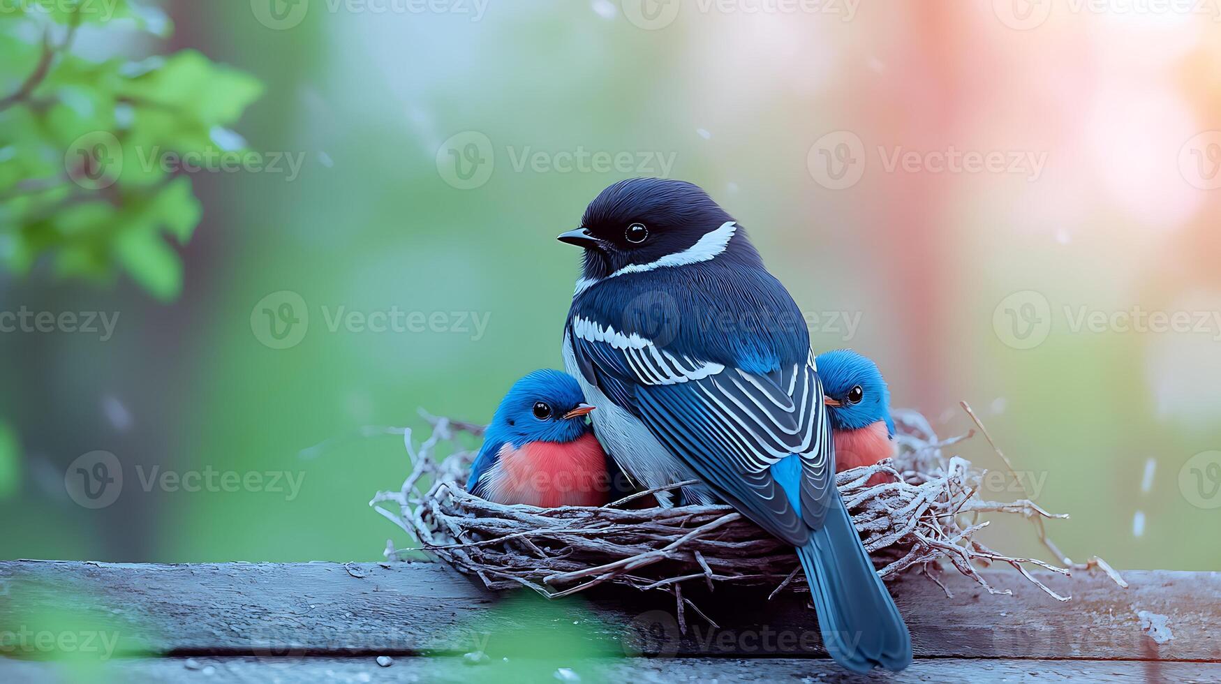 A vibrant bird caring for its colorful chicks in a lush, sunlit forest setting photo
