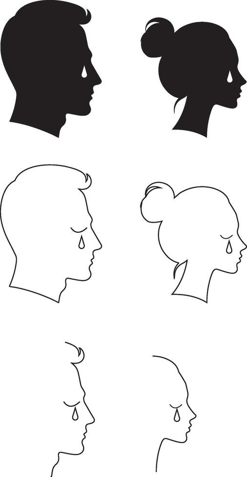 Silhouettes of people with different faces and tears coming from their eyes vector