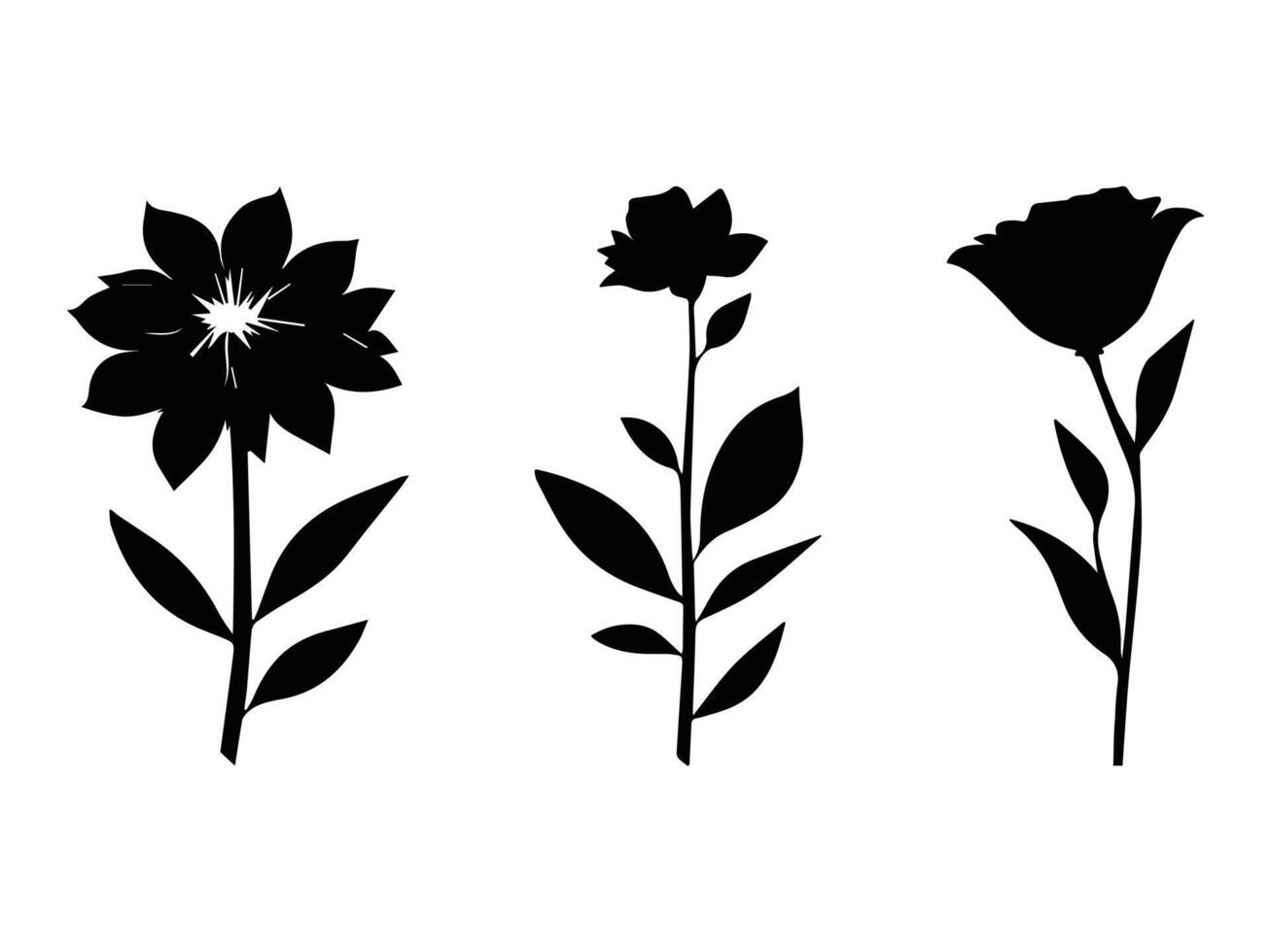 Three black silhouette flowers, perfect for floral design projects. vector