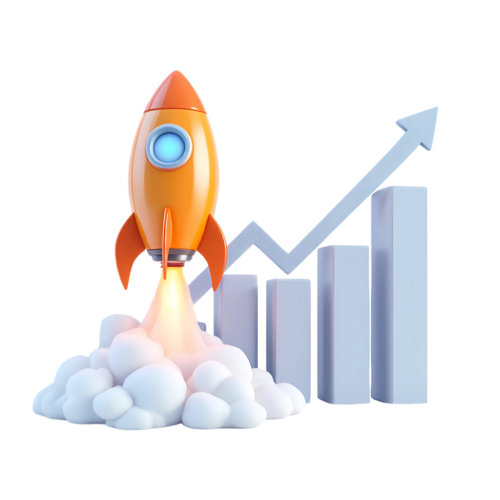 A rocket is flying over a chart with a growing graph png