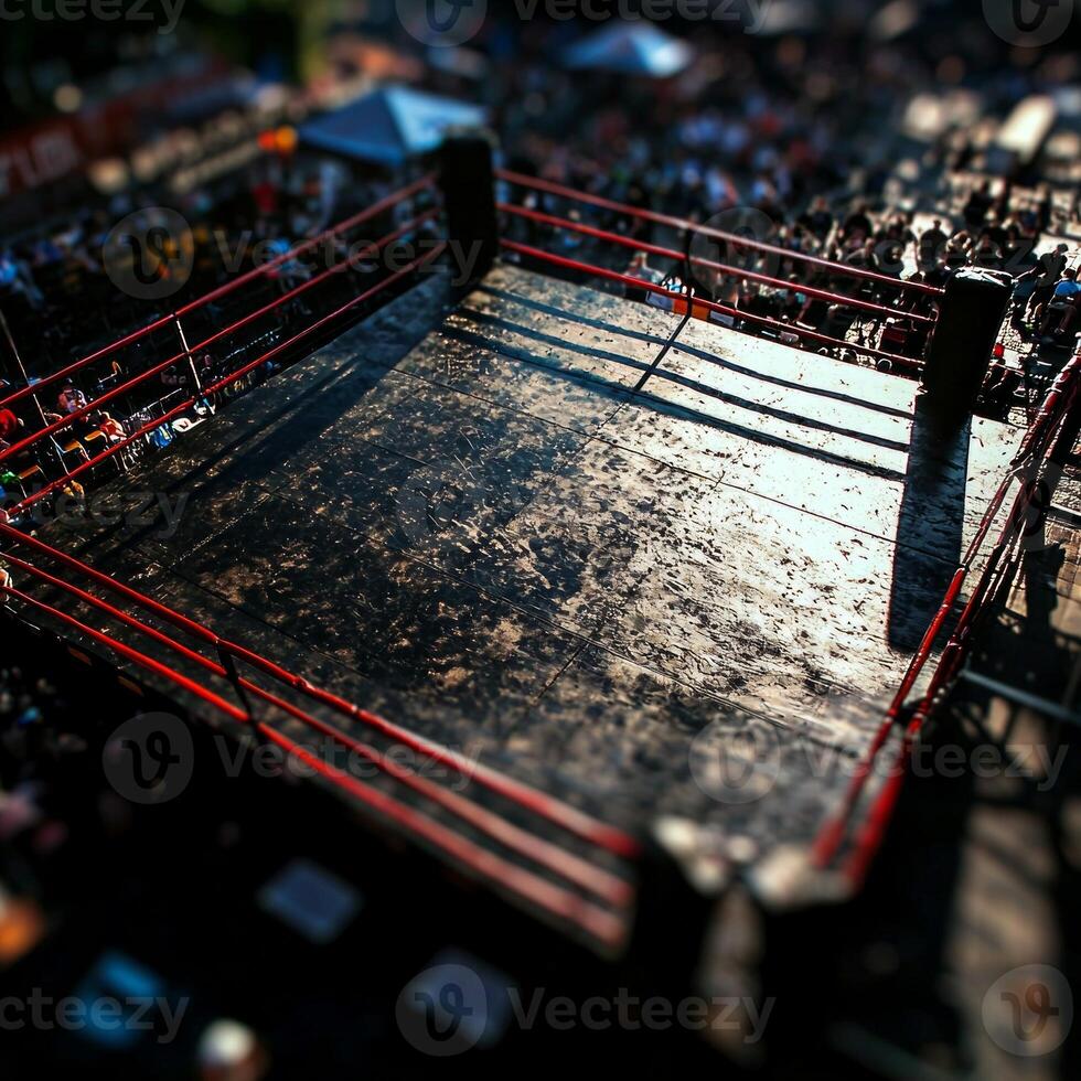 aerial perspective reveals vacant boxing ring meticulously arranged chairs surrounding square canvas and water bottles positioned neatly illuminated striking overhead lights photo