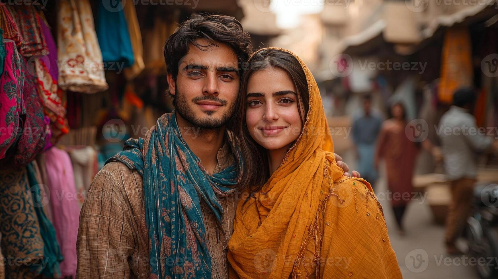 young Indian couple smiles warmly camera draped in colorful fabrics amidst lively street market bustling activity and rich cultural elements during midday photo