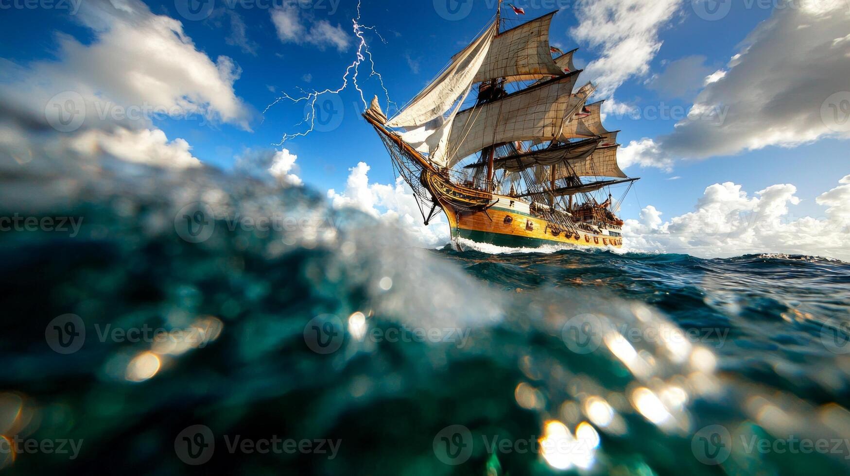 tall ship fully rigged sails leans dramatically amid towering waves in fierce storm illuminated flashes of lightning against cloudy sky photo