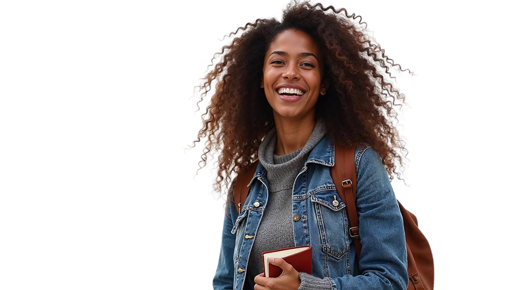 A smiling young woman with curly hair holding a book png