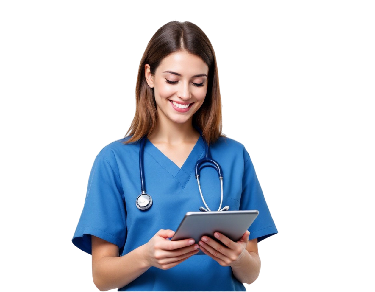 A woman in a blue scrub suit is holding a tablet png