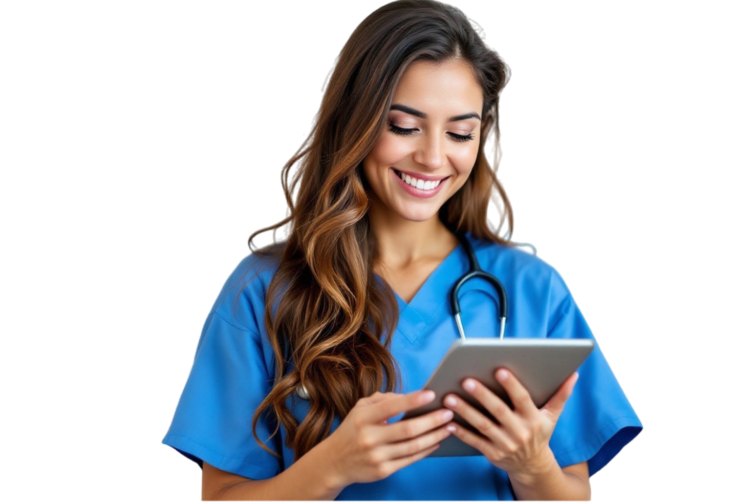 A smiling nurse holding a tablet computer png