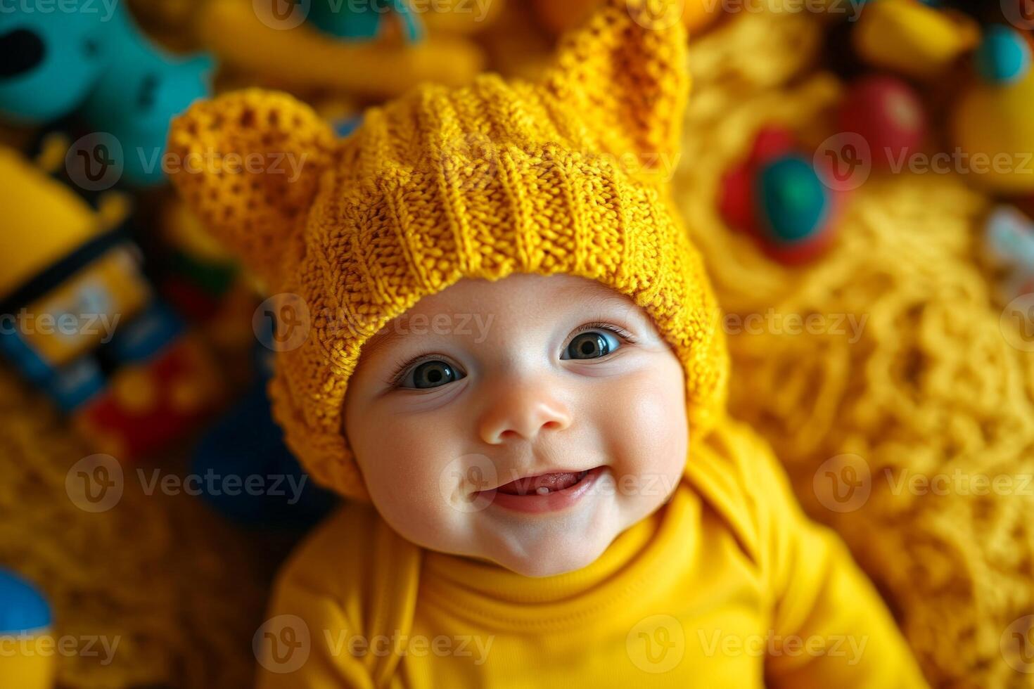 Smiling Caucasian baby wearing bright yellow outfit and knitted hat lies on soft blanket colorful toys scattered around. Natural light brightens cheerful scene in cozy indoor setting photo