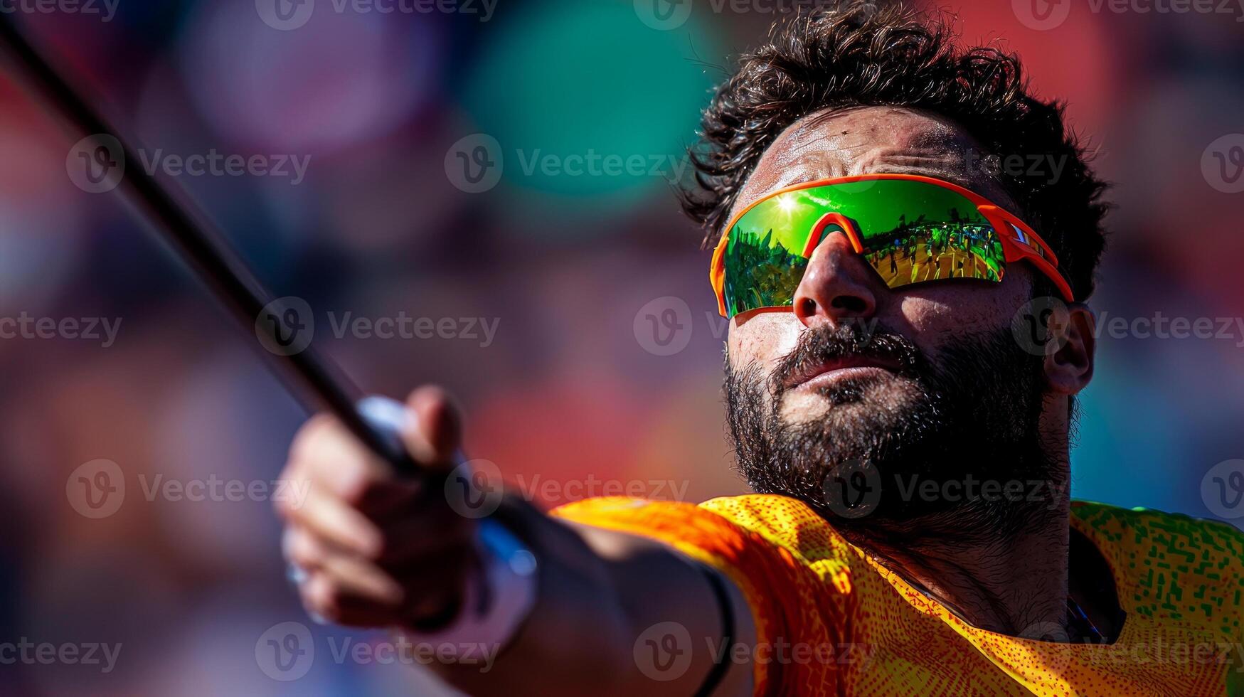 para athlete demonstrates remarkable skill while throwing javelin using prosthetic arm in vibrant stadium environment. clear blue sky adds dynamic atmosphere of competition photo