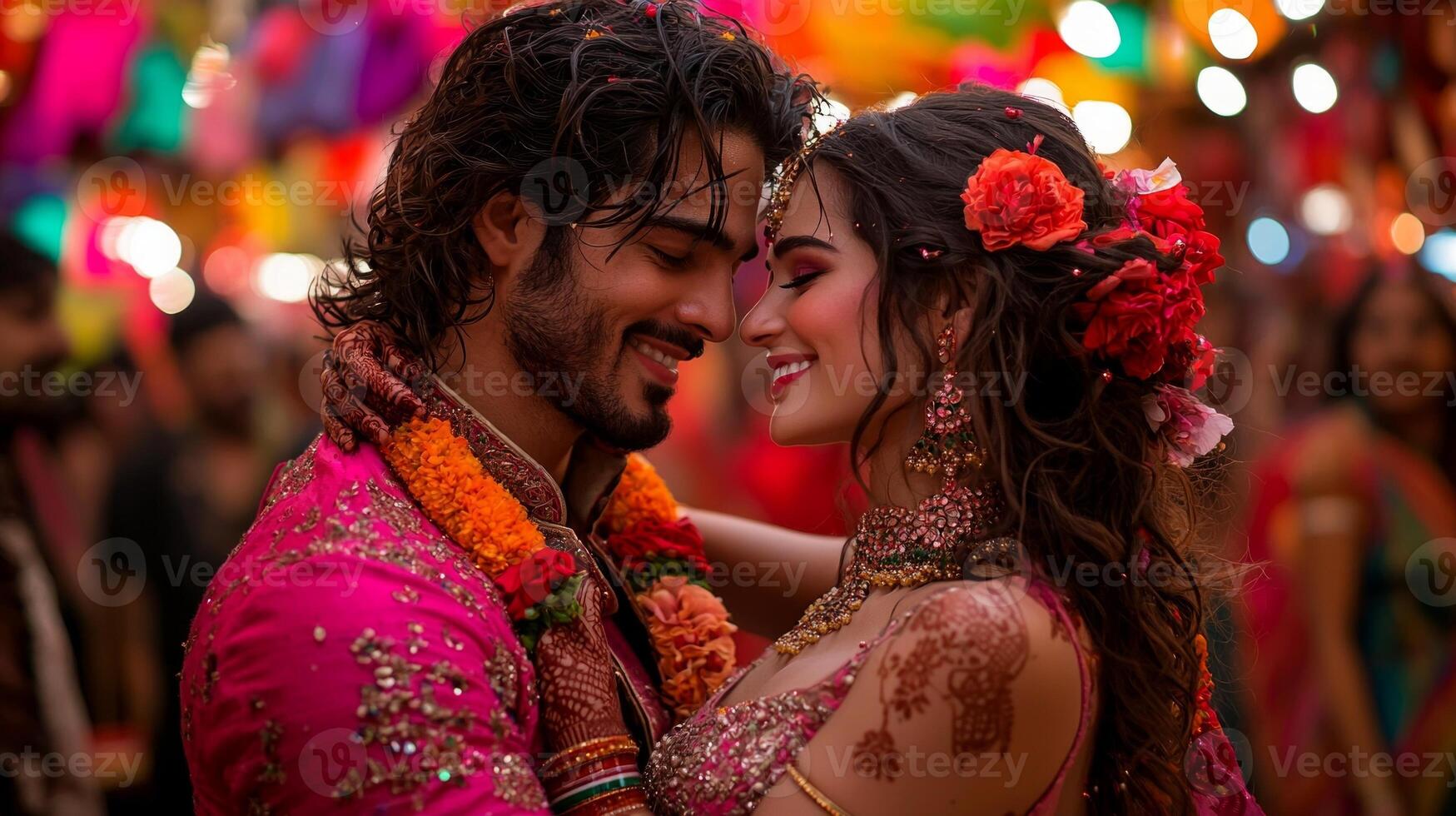 joyful young Indian couple poses warm smiles on bustling street market surrounded colorful stalls and energy of midday. vibrant atmosphere reflects cultural richness and romance photo
