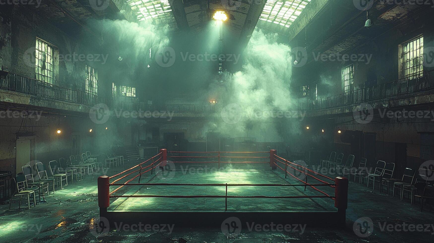 empty boxing ring stands solitary spotlight amid swirling fog while scattered chairs hint recent activity in gritty atmospheric setting photo