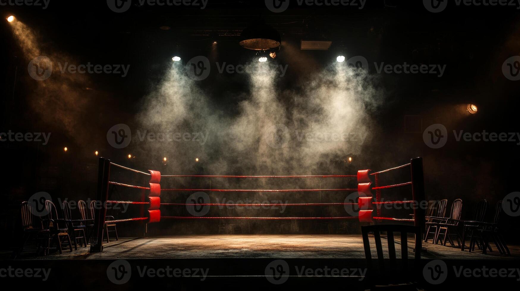 empty boxing ring waits single spotlight enveloped in fog from smoke machine. Scattered chairs add gritty atmospheric feel of dramatic setting photo