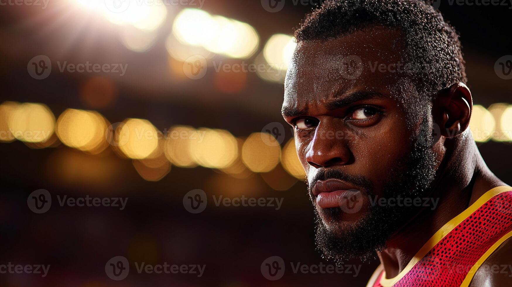 Intense concentration is evident on sprinter's face as he races mid event on professional track. dynamic motion blur captures his exceptional speed bright stadium lights photo