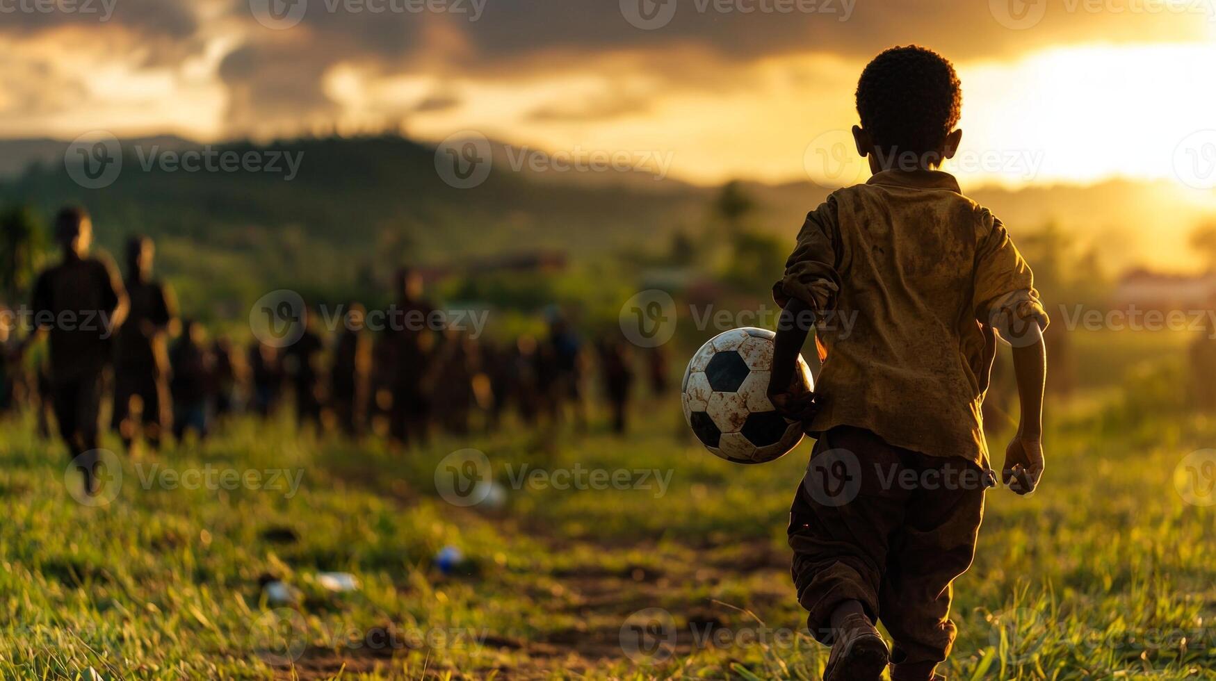 young African child races through vibrant grassy field cradling homemade soccer ball as sun sets casting warm golden tones and long shadows in background photo