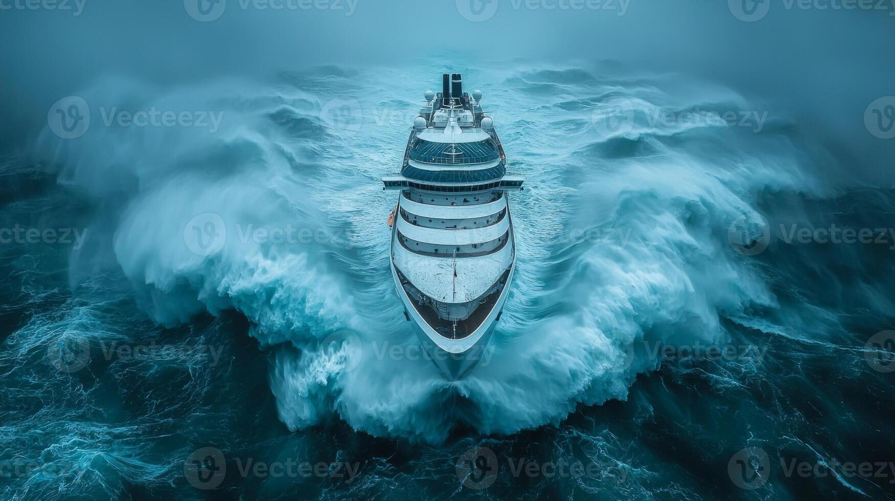 massive cruise ship sails through turbulent waters while facing strong winds and heavy rainfall. drone view highlights swirling waves surrounding vessel during storm photo