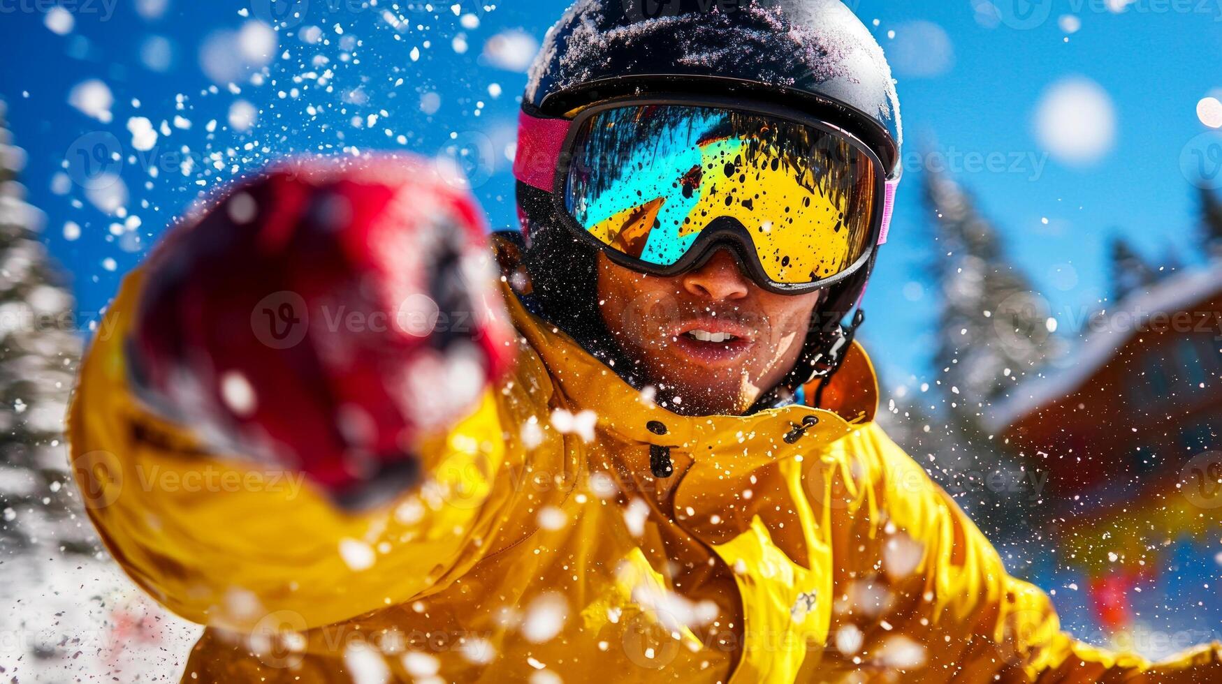 Asian snowboarder performs dynamic jump on snowy mountain slope showcasing skill and determination. Flying snow powder creates stunning backdrop in bright sky conditions photo
