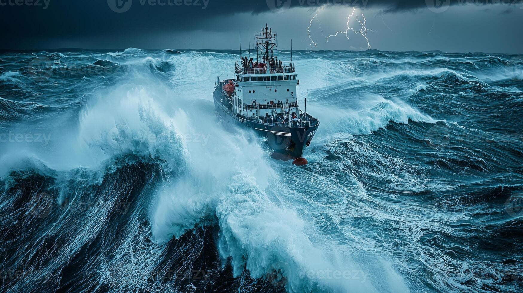 cargo ship navigates towering waves in fierce storm as lightning strikes illuminate dark clouds above. ocean's turbulence creates dramatic atmosphere of struggle photo
