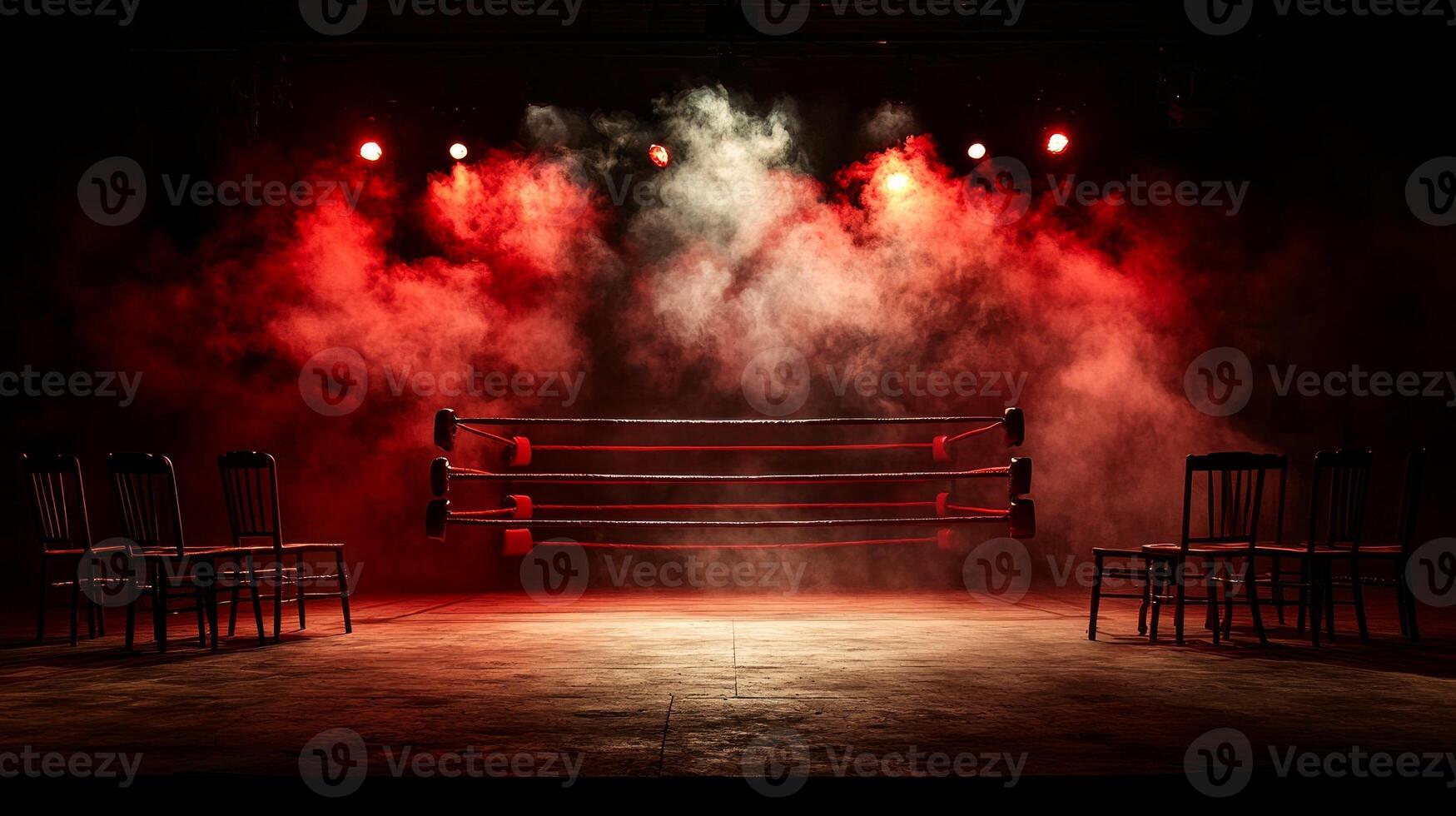 empty boxing ring stands isolated amid swirling fog. single overhead spotlight casts dramatic light while scattered chairs create atmospheric and gritty setting invites anticipation photo