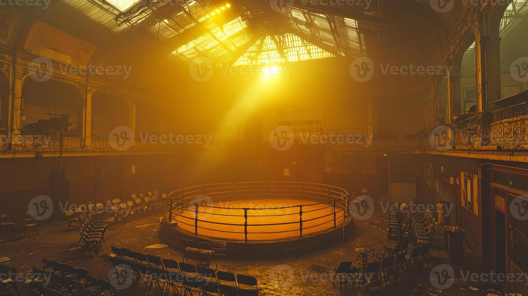 empty boxing ring sits in dimly lit venue shrouded in fog from smoke machine. Scattered chairs create chaotic atmosphere around solitary spotlight shining down photo