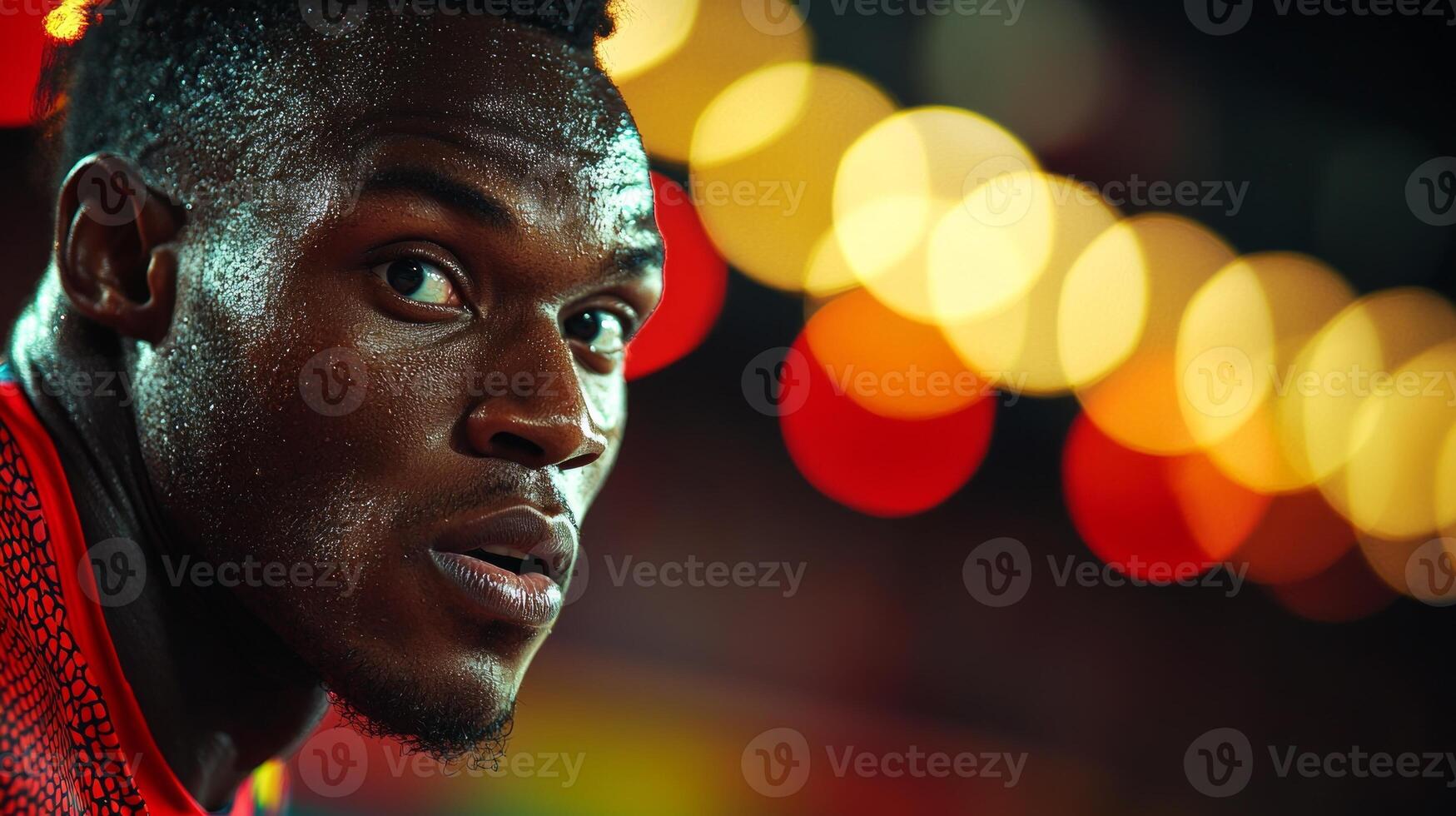 African American sprinter advances down track fierce concentration while using running blade prosthetic. vibrant stadium lights enhance electrifying atmosphere of race photo