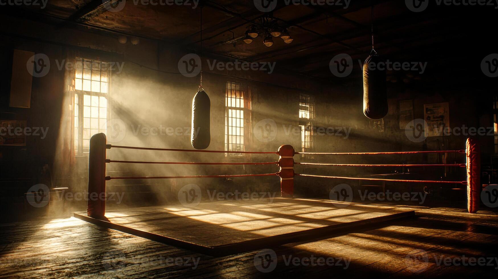 Sunlight filters through dusty windows illuminating empty boxing ring in dimly lit gym. Silhouetted punching bags hang in background casting faint shadows on floor photo