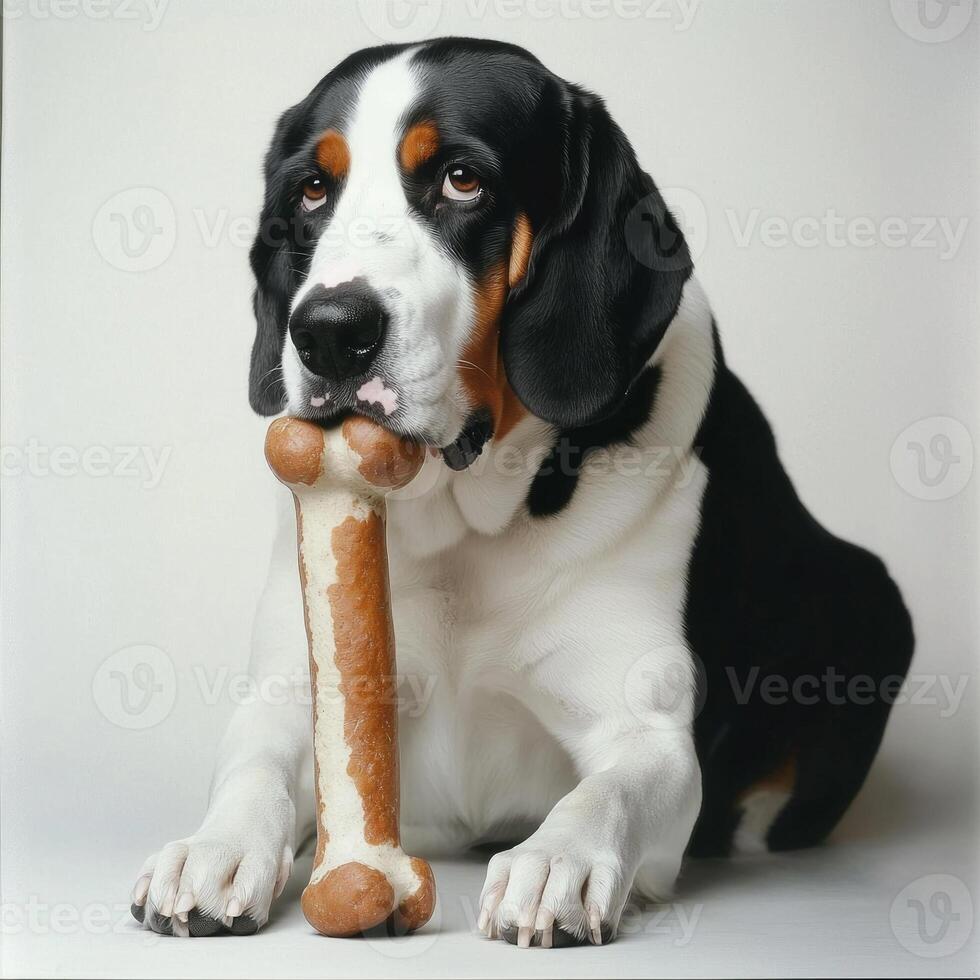 side view displays Appenzeller Sennenhund contentedly chewing on bone. dog's focus shines through as it enjoys simple pleasure in spotless setting photo