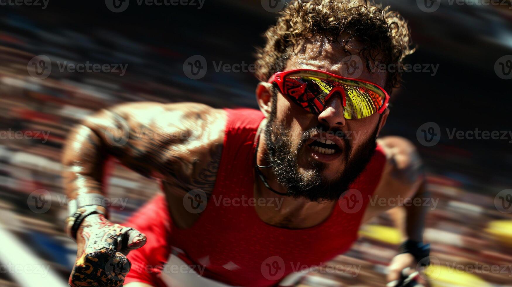 Middle Eastern runner strides across finish line powered running blade prosthetic. dramatic energy of stadium captures intensity of moment photo