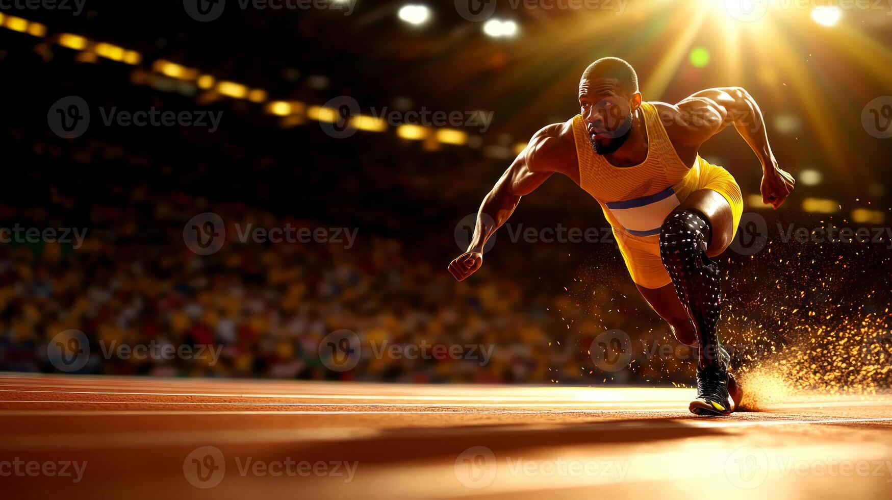 African American sprinter races on professional track showcasing exceptional speed and determination carbon fiber running blade during competitive event photo