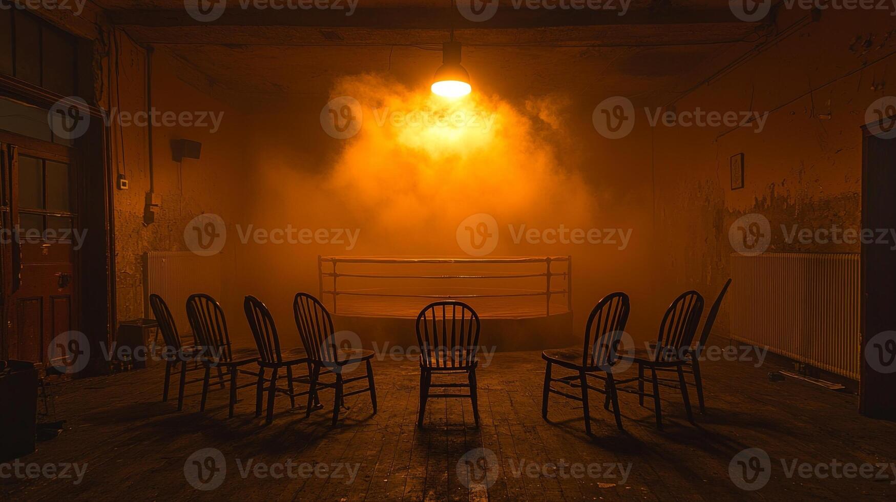 empty boxing ring is shrouded in thick fog created smoke machine. single light illuminates scene highlighting scattered chairs enhance atmosphere of abandonment photo