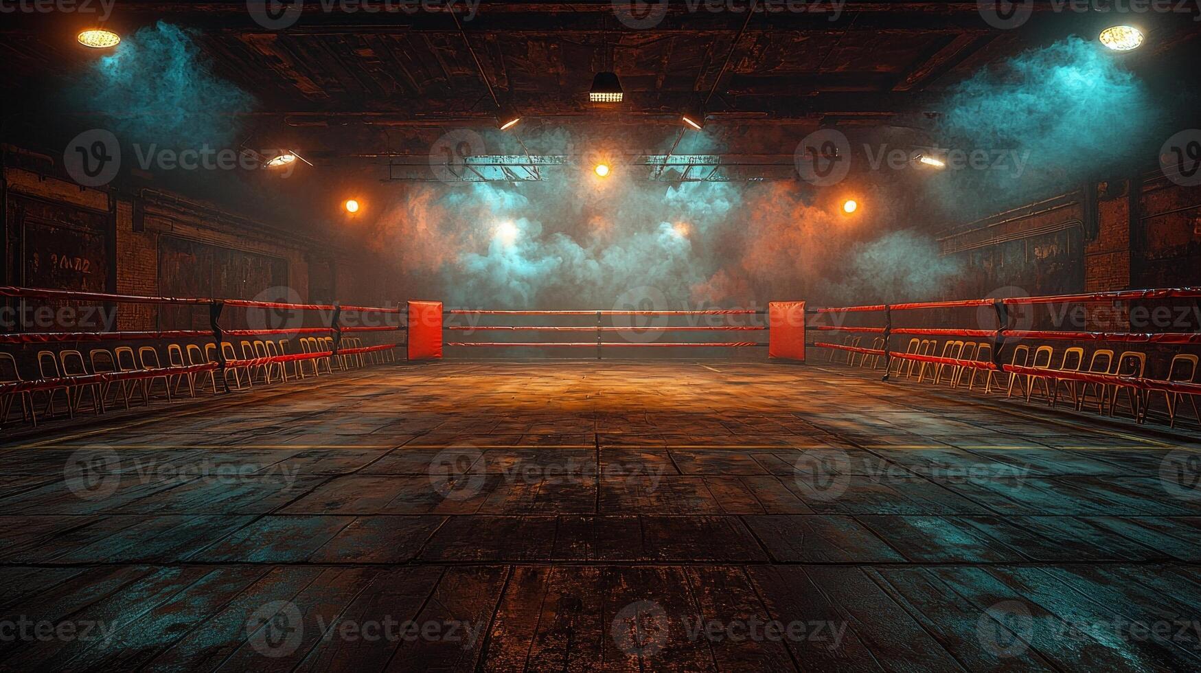 empty boxing ring stands alone in environment filled fog from smoke machine photo