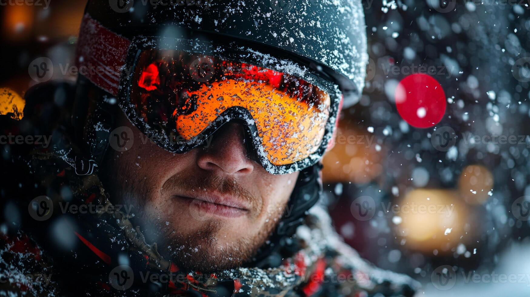 Asian snowboarder gracefully navigates fresh powder on sunny mountain slope. Vivid snow is kicked up as they carve through terrain showcasing their titanium leg prosthetic photo