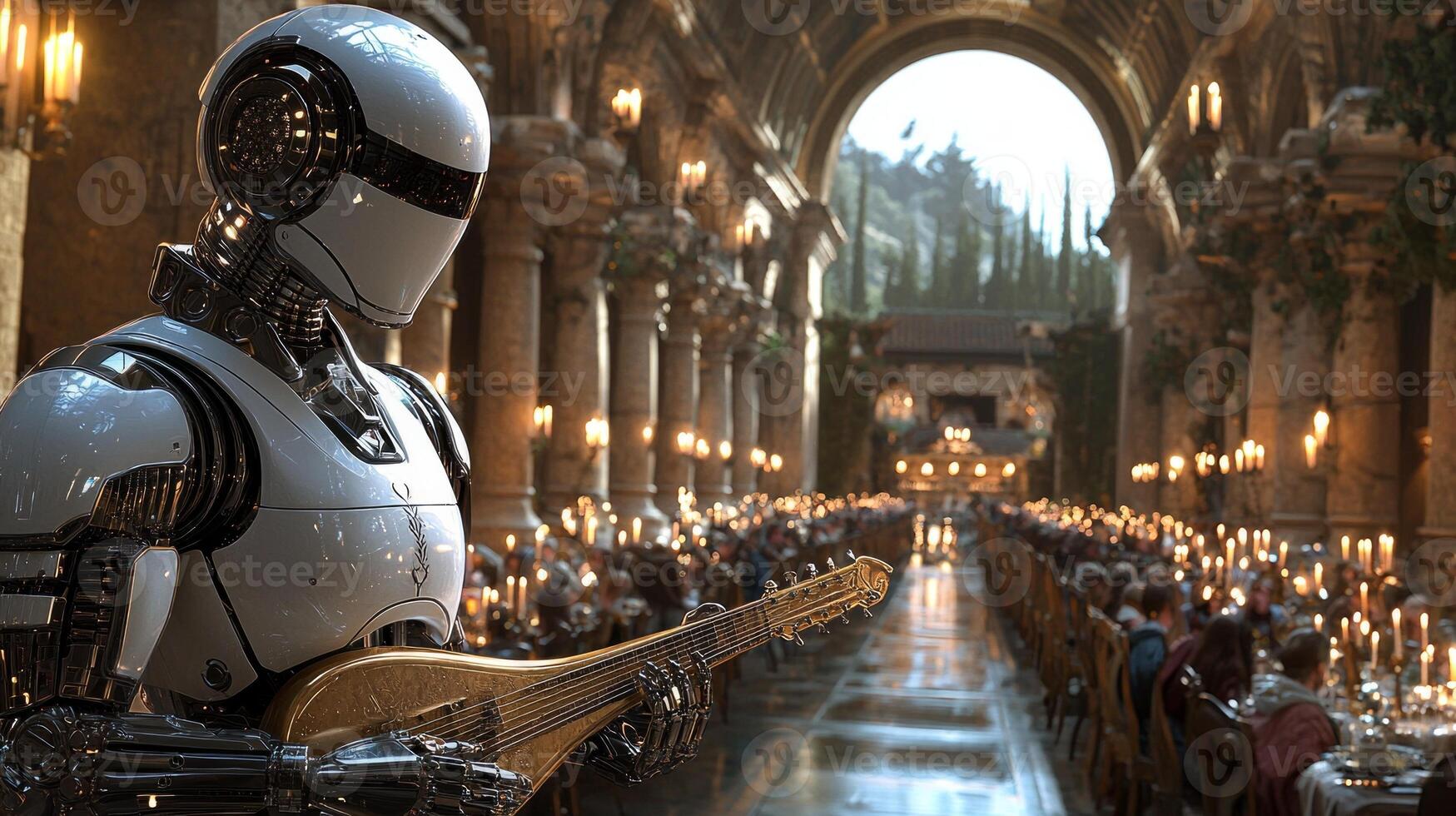 robot dressed in white tuxedo entertains medieval nobles playing golden lute on vibrant stage. Long banquet tables silver goblets and candles enhance festive atmosphere photo