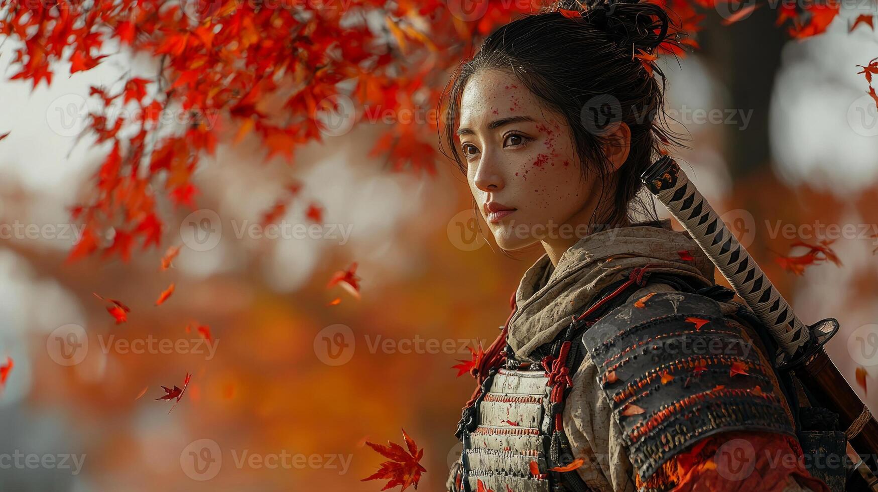 Confident female samurai stands in elegant armor amidst vibrant autumn landscape. Red and orange leaves fall around her as she wields naginata embodying strength and grace photo